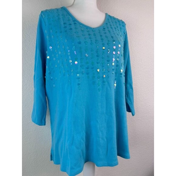 Quacker Factory women's large light blue v-neck‎ 3/4 sleeve sequin shimmer top - Picture 2 of 8